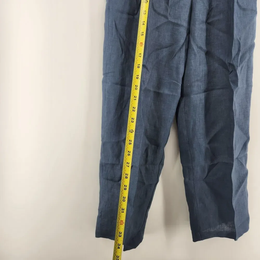 MNG Mango Women's Size 6 Blue Pleated‎ Detail Straight Fit Linen Pants NWT